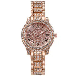 Elegant rose gold ladies' quartz watch with full rhinestone dial and Roman numerals