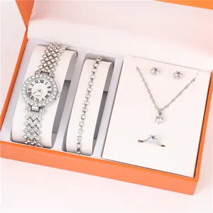 Women Fashion Rhinestone Jewelry Watch Bracelet Necklace Ring Earrings Alloy Quartz Watch Jewelry Accessory Gift Set
