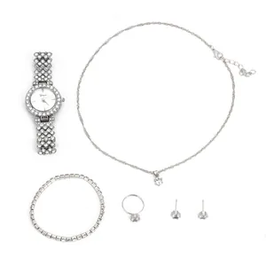 5PCS silver rhinestone watch and jewelry set with necklace bracelet ring earrings