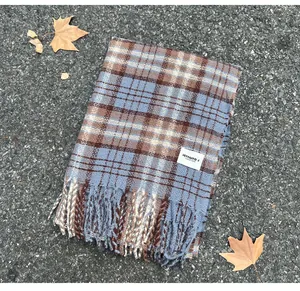Detailed view of a blue and brown plaid scarf featuring soft fringe and a logo label