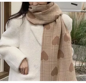 Detailed macro view showing the soft imitation cashmere heart plaid scarf fabric texture