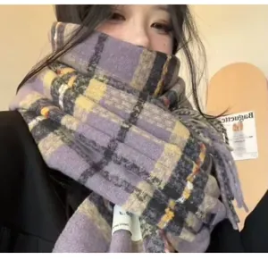 Purple and yellow plaid scarf for women shown on model for winter styling