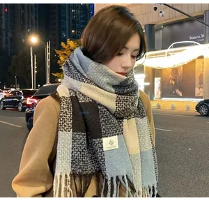 Stylish mohair-like striped plaid scarf with long tassels for autumn and winter