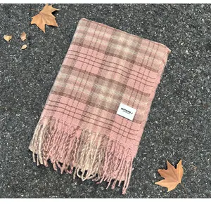 Close-up detail of a soft pink plaid scarf with fringe tassels on asphalt ground