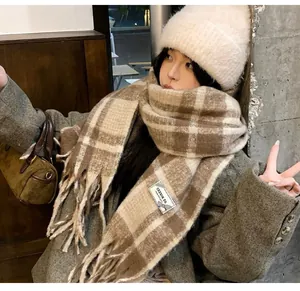 Stylish Asian model wearing a thick mohair plaid scarf in warm brown and beige tones