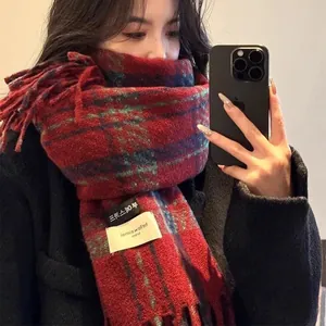 Écharpe de Noël à Carreaux pour Femmes en Faux Cachemire Épaisse Chaude Châle Rétro avec Glands Style Coréen Écharpe d'Hiver