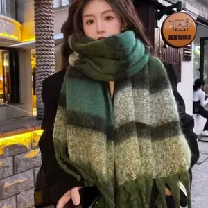 Korean Style Mohair Textured Striped Scarf For Women Winter Thick Warm Imitation Cashmere Tassel Shawl Long Neck Warmer