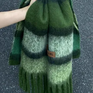 Warm soft green striped mohair winter scarf with tassels and "GIRL" leather patch