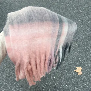 Premium soft mohair plaid scarf with long tassels in pink and grey tones for winter