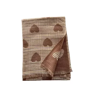 Cozy brown plaid double-sided imitation cashmere scarf with love heart patterns