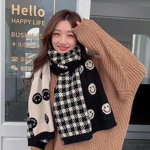 Korean Style Smiley Face Checkered Knit Scarf Winter Thickened Warm Soft Long Wrap Scarf For Women Aesthetic Fashion Accessories