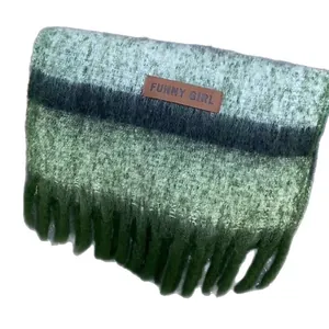 Soft mohair striped winter scarf with stylish green fringes and leather brand tag