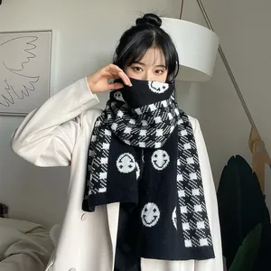 Korean style thick knitted scarf with checkered pattern and smiley face for women