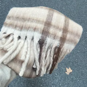 Cozy mohair plaid scarf with elegant tassels for winter warmth and stylish Korean vibes.