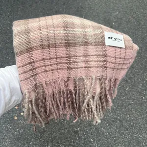 Pink plaid scarf with tassels for women, thick autumn winter imitation cashmere shawl