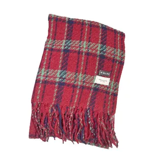 Red and green plaid Christmas scarf for women with fringe and soft cashmere-like texture