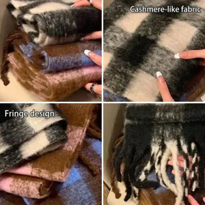 Cozy checkered mohair-like winter scarf in multiple soft colors for stylish warmth.
