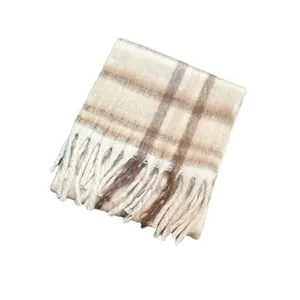 Elegant and soft mohair plaid scarf with fringe tassels for warm winter styling