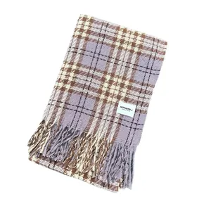 Soft purple plaid checkered scarf shawl with decorative tassels for autumn and winter