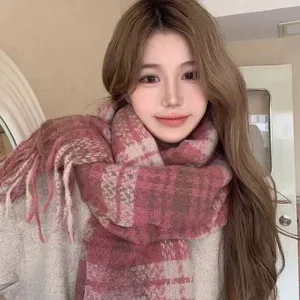 Soft mohair plaid scarf in pink and brown, perfect for autumn and winter warmth