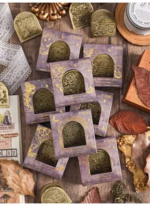 Detailed view of vintage brass metal clips with intricate starry and forest night engravings