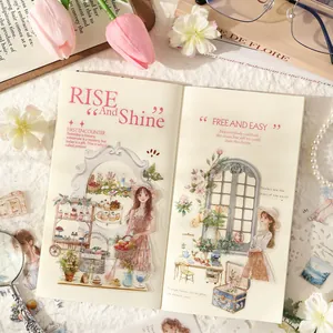 Livre d'autocollants PET vintage fille et fleurs pour scrapbooking créatif DIY et journal