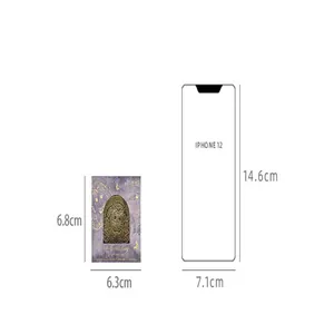 Dimension comparison diagram of retro purple starry metal binder clip next to an iPhone 12
