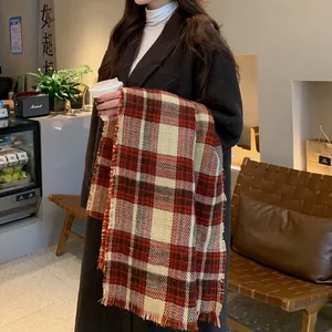 Stylish red and brown plaid thick winter scarf for women with soft cashmere-like fringe
