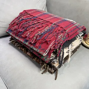 Soft faux cashmere plaid scarf in warm red and green winter shawl design
