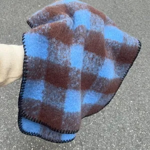 Blue and brown plaid mohair scarf with whipped stitch edges for autumn and winter