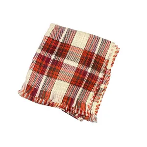 Elegant British retro red plaid scarf with fringe trim for winter warmth and style
