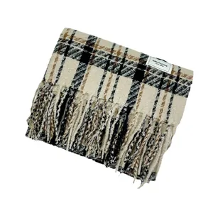 Elegant Maillard plaid faux cashmere scarf with fringes for women winter warm shawl