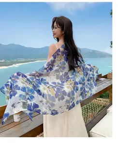 Elegant blue and yellow floral print sun protection shawl for summer beach travel and photography
