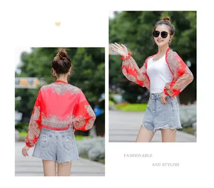 Red paisley print chiffon sunscreen shawl shrug for women showing front and back views.