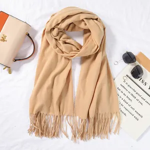 Elegant solid camel cashmere-like winter scarf with fringe tassels for trendy warmth