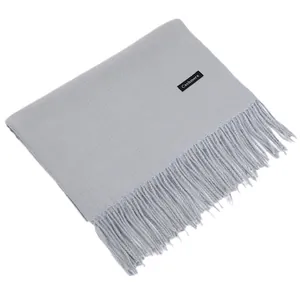 Light grey faux cashmere scarf with tassels and decorative Cashmere label