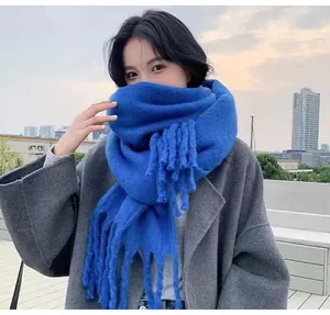 Cozy thick blue mohair-style winter scarf with fringe for women, elegant warm shawl