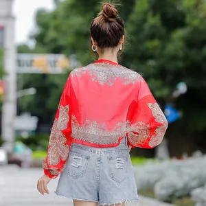 Women's summer red chiffon sun protection shawl with vintage paisley print design