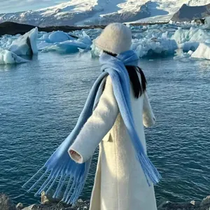 Premium thick light blue mohair-like scarf with tassels for elegant winter outfits