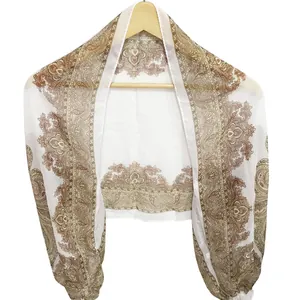Elegant white chiffon sun protection shawl with brown paisley print for summer outdoors