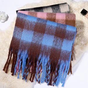 Premium thickened plaid mohair winter scarf with soft tassels and warm knit texture