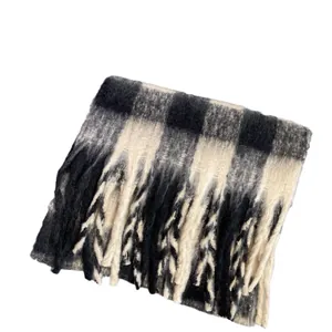 Classic black and white checkered mohair-style warm winter scarf with long tassels