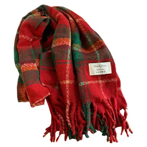 Cozy red and green Christmas plaid scarf with tassels and imitation cashmere texture