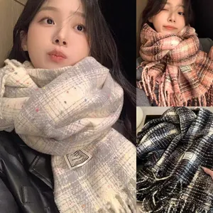Bufanda de Invierno a Cuadros para Mujer Cachemira Sintética Suave con Puntos de Arcoíris Bufanda de Punto con Borlas Chal Cálido Estilo Coreano