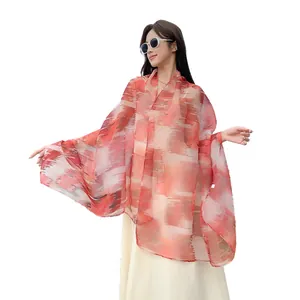 Elegant abstract printed Bali yarn sun protection shawl and long beach scarf for women