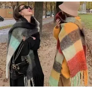 Detailed view of checkered mohair scarves on models in a winter street setting photo