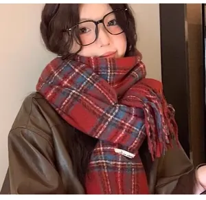 Close-up of a stylish red and blue plaid scarf worn by a model for a cozy winter look