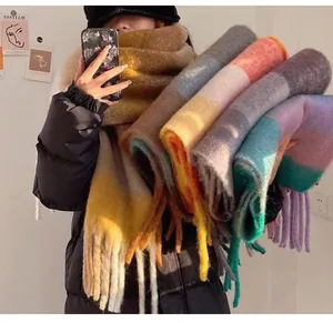 Close-up of soft mohair checkered scarves in multiple vibrant colors for winter warmth