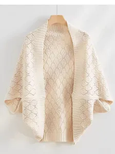 Elegant cream white hollow-out knit shawl cardigan featuring diamond pointelle design