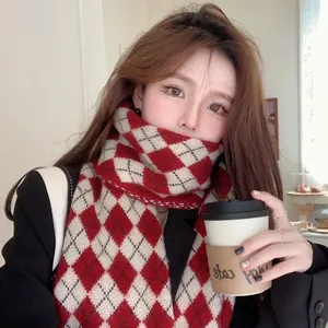 Women Argyle Plaid Knit Scarf Winter Warm Soft Faux Cashmere Shawl For Christmas New Year Red Coffee Khaki Plaid Neck Wrap